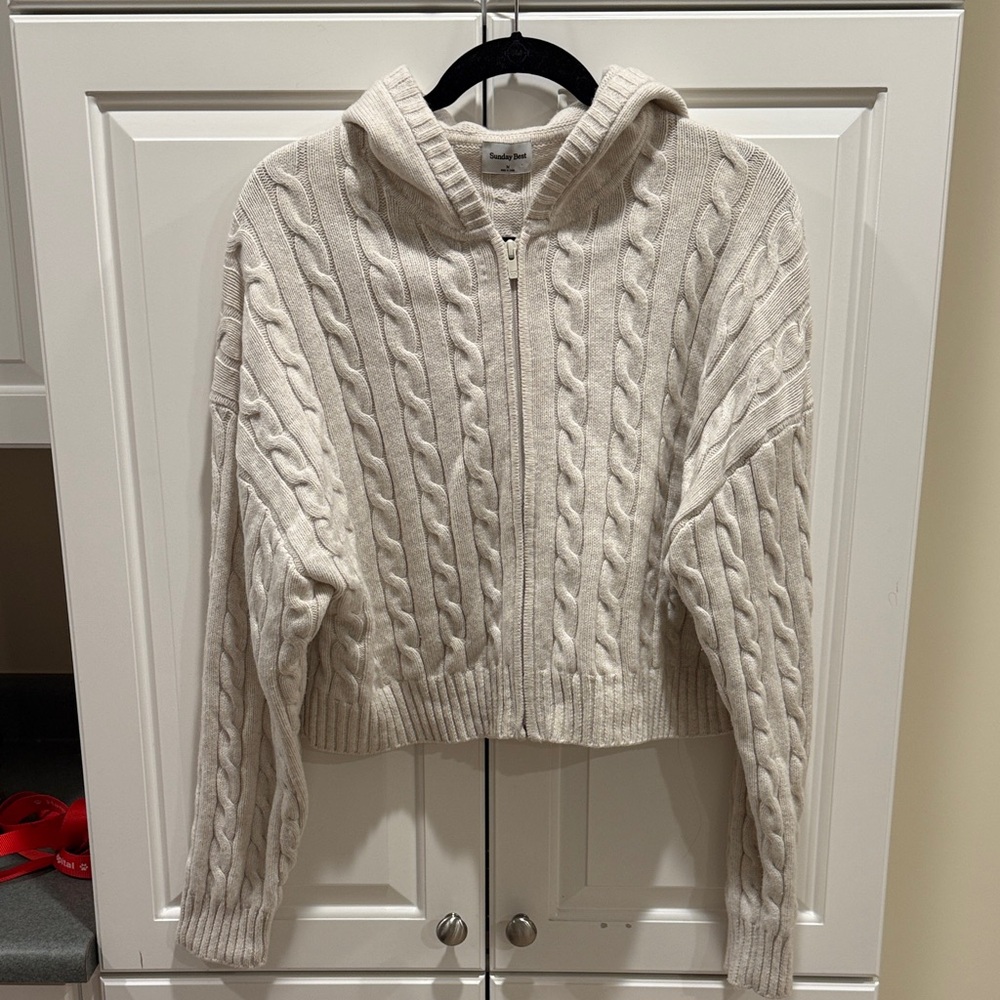 Aritzia Sunday Best Cream Cable Knit Hooded Cardigan